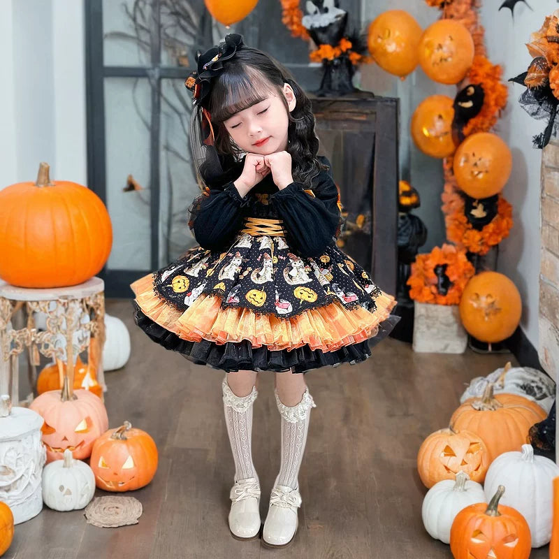 Girls Halloween Witch Lolita Dress - Black Puffy Princess Gown, Unlined or Fleece-Lined