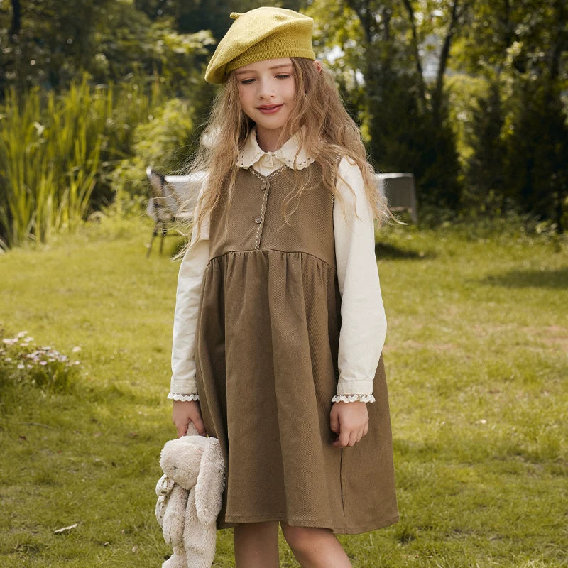 Girls Retro Pinafore Dress - Forest-Style Long suspender Skirt