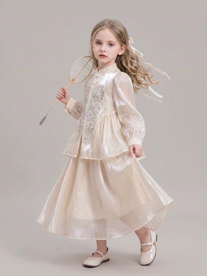 Girls New-Chinese Hanfu Set - Embroidered Top & Skirt Two-Piece