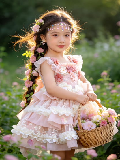 Girls Flower-Fairy Lolita Dress - Pink Puffy Birthday Gown with Train Option