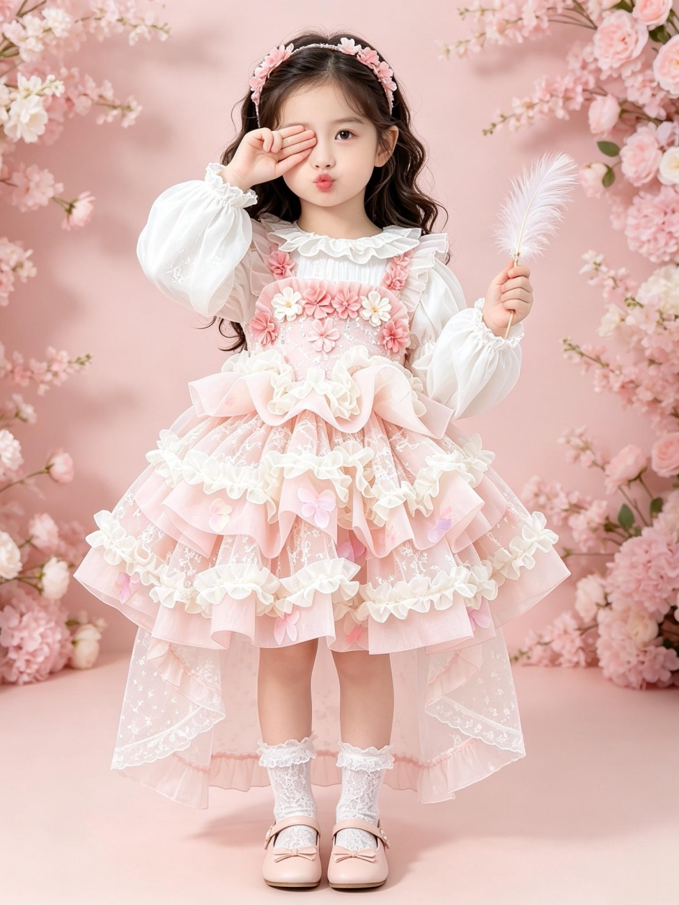 Girls Flower-Fairy Long-Sleeve Lolita Dress - Birthday Puffy Gown with Base Top & Train Options