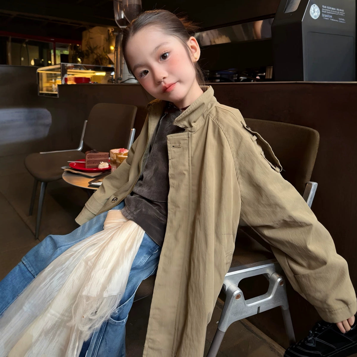 Girls Cropped Trench Coat & Wide-Leg Jeans Set - British Autumn