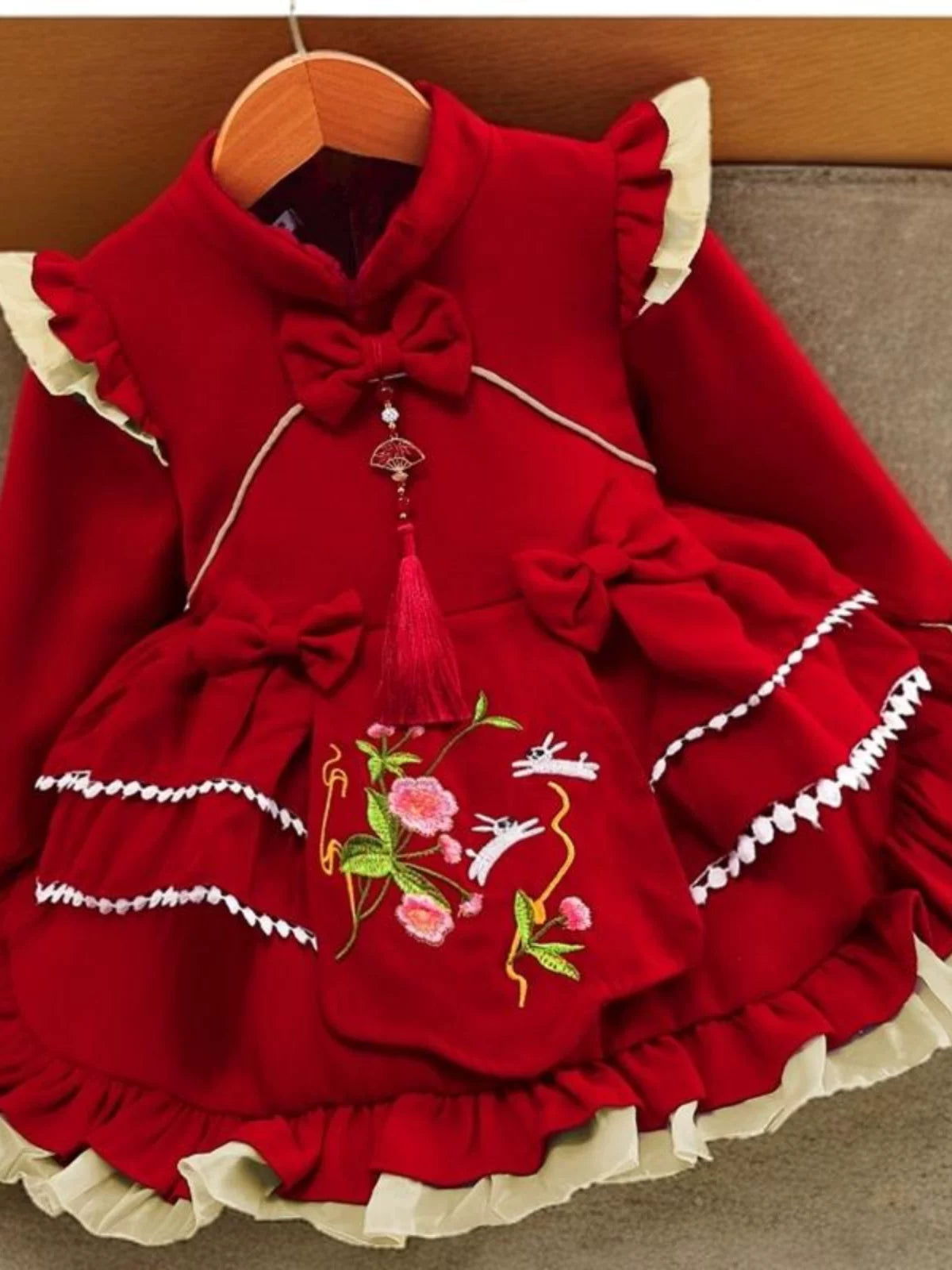 Girls Chinese-Style New-Year Lolita Dress - Red Fleece-Lined Birthday Gown