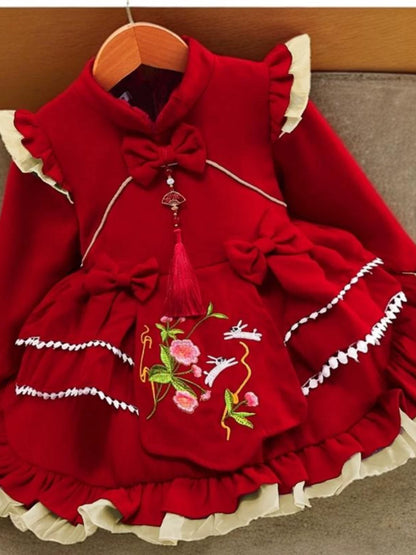 Girls Chinese-Style New-Year Lolita Dress - Red Fleece-Lined Birthday Gown