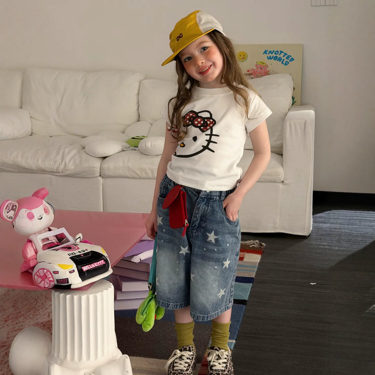 Girls Cartoon Tee & Star Denim Capri Set - Summer Mix & Match Outfit