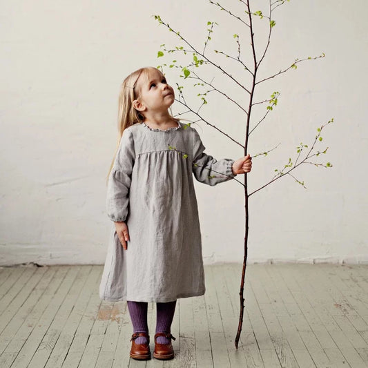 Girls Nordic Linen Dress - Sweet Belgium Imported Autumn