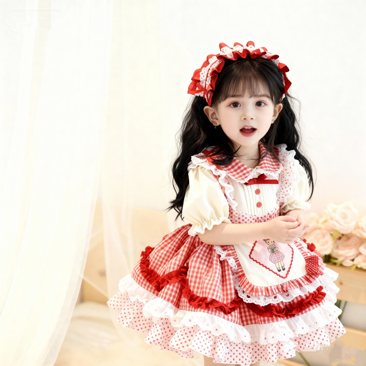 Girls Red-Plaid Lolita Dress - Summer Puffy Princess Dress with Hair Accessory Option