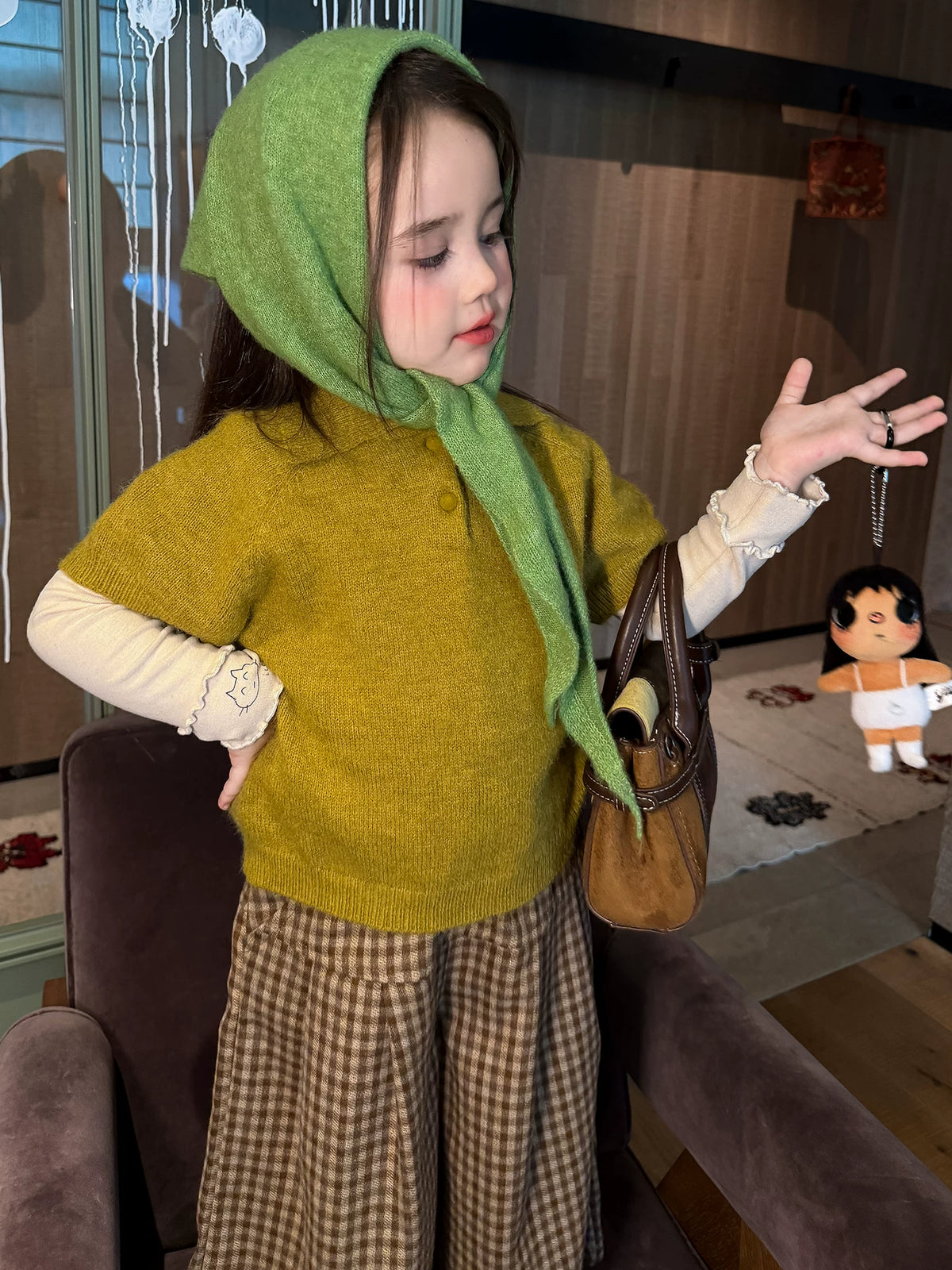 Girls Knit Polo & Plaid Pants Set - Retro Autumn Three-Piece
