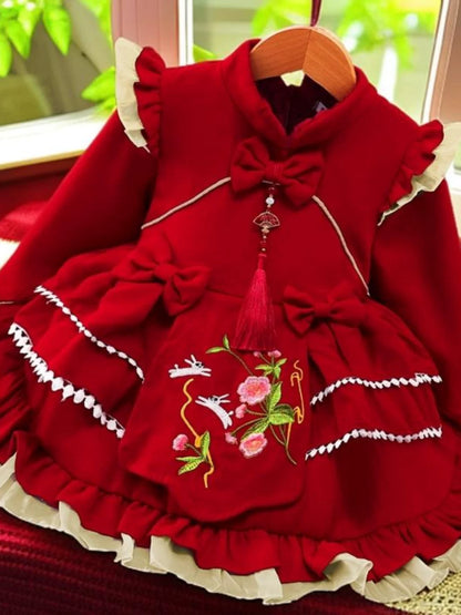 Girls Chinese-Style New-Year Lolita Dress - Red Fleece-Lined Birthday Gown