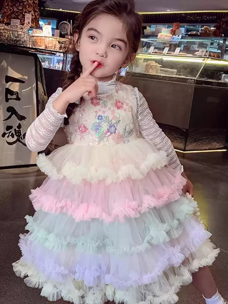 Girls Rainbow Layered Pinafore Dress - French-Style Princess