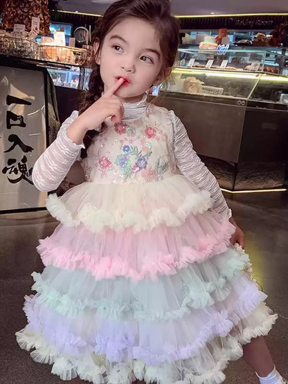 Girls Rainbow Layered Pinafore Dress - French-Style Princess