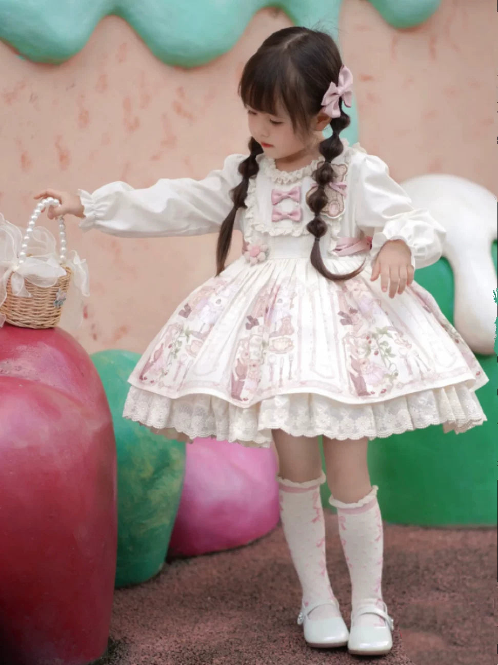 Girls Teddy-Bear Lolita Dress - Fleece-Lined Cosy Birthday Princess Gown