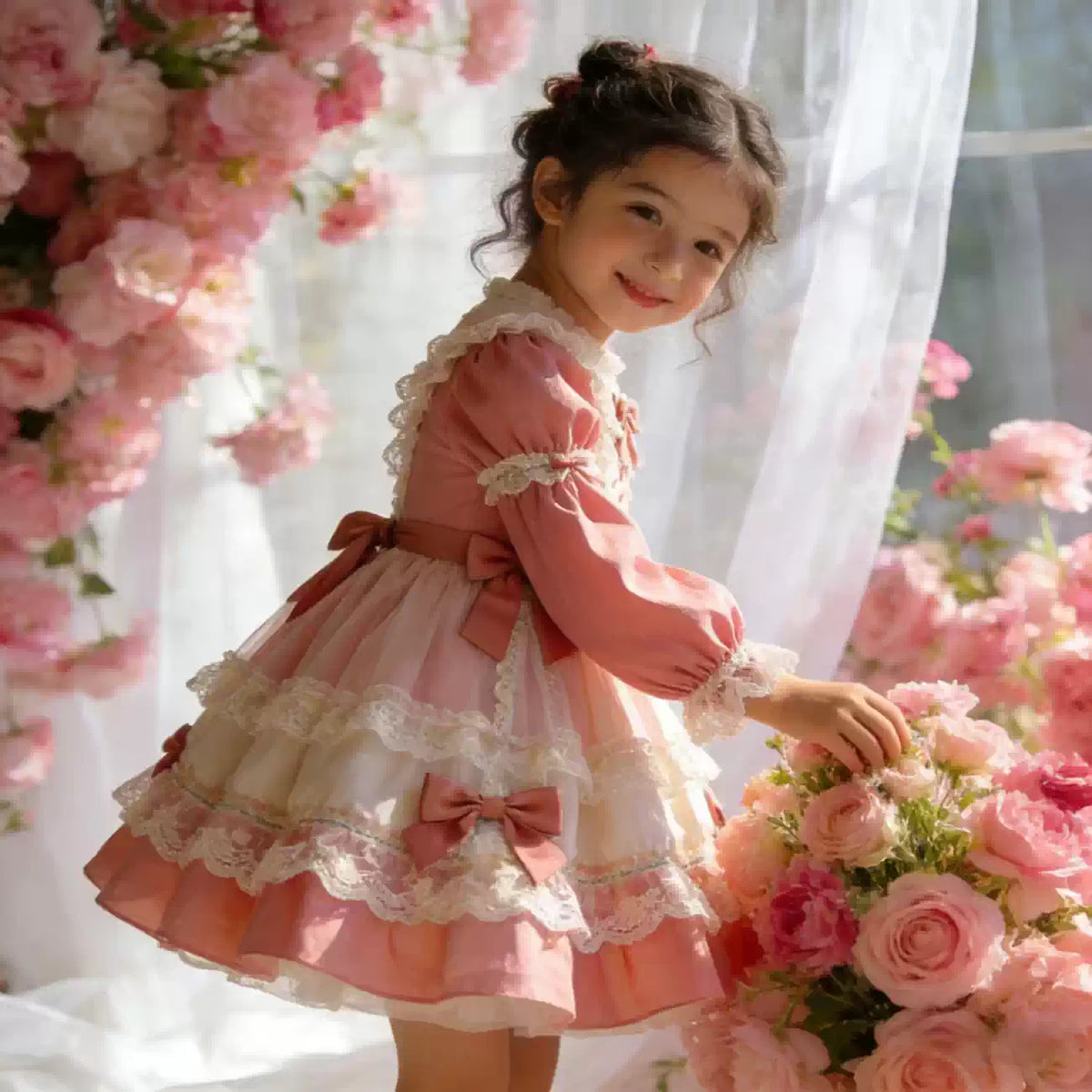 Girls French-Style Lolita Dress - Peach-Pink Couture Birthday Gown