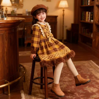 Girls Preppy Plaid Lolita Dress - Fleece-Lined Birthday Gown with Leggings Options