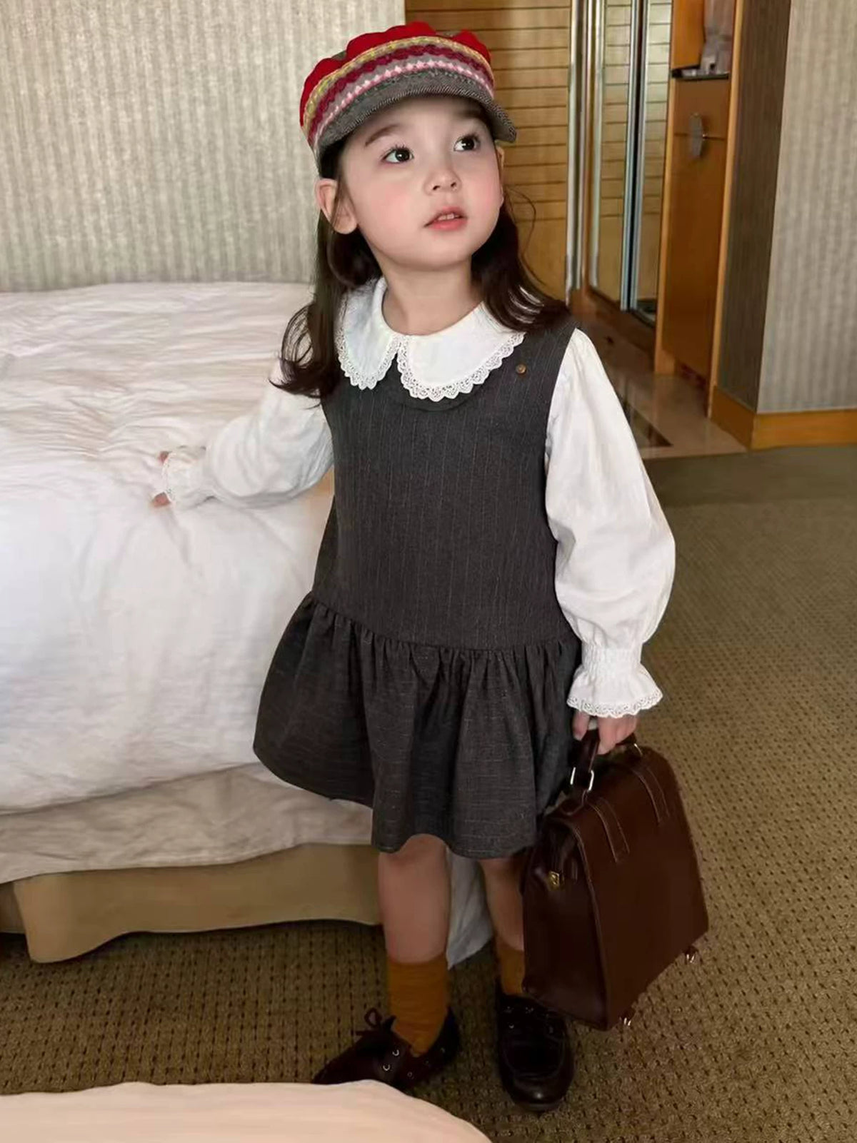Girls Pinafore Dress & Ruffle Blouse Set - Preppy Autumn