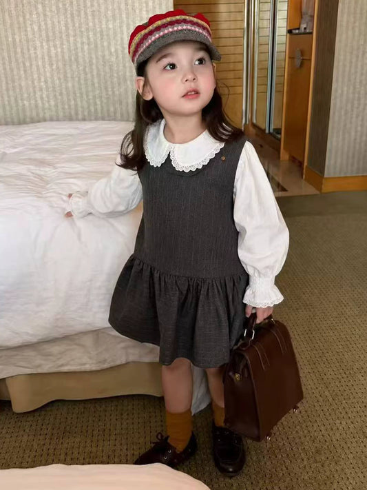 Girls Pinafore Dress & Ruffle Blouse Set - Preppy Autumn