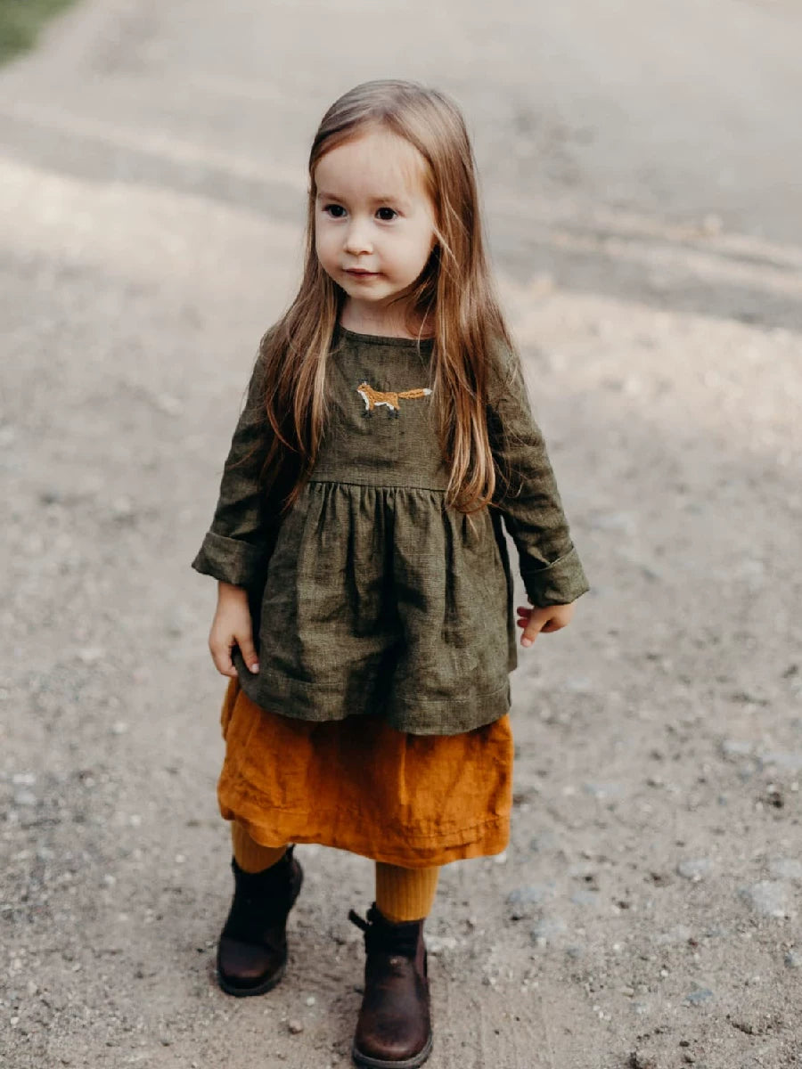 Girls Pure Linen Embroidered Shirt - Nordic Long-Sleeve Top