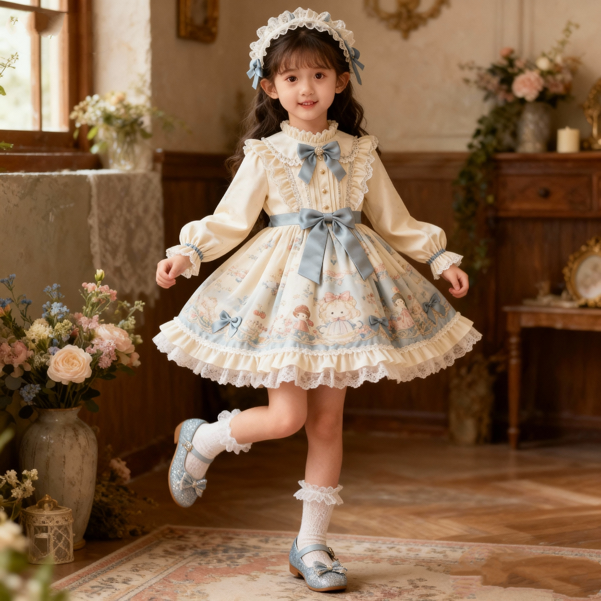 Girls Cartoon Lolita Dress - Fleece-Lined Sweet Birthday Gown with Headpiece