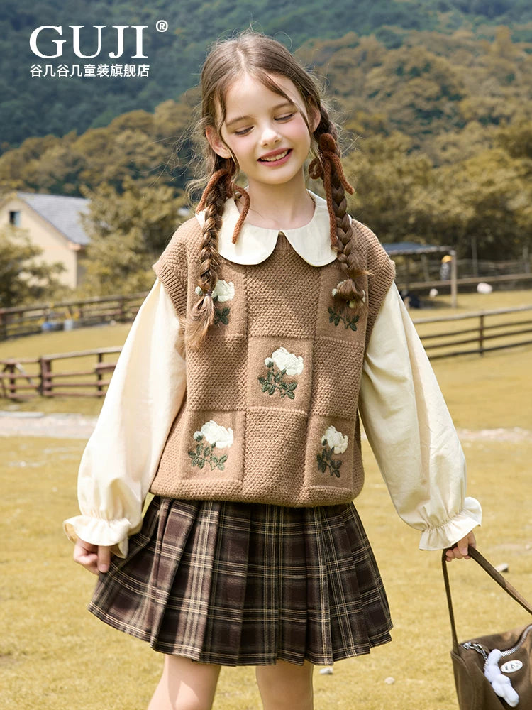 Girls Faux Two-Piece Collar Sweater - Vest & Shirt Knit Top