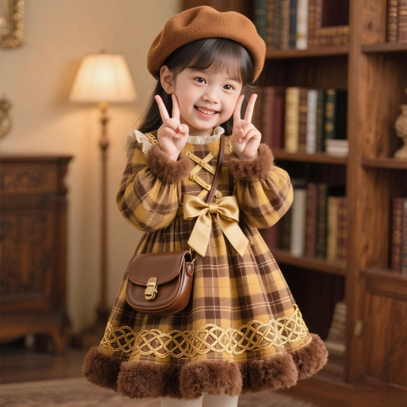 Girls Plaid Lolita Dress - Preppy Long-Sleeve Princess Gown, Unlined or Fleece-Lined