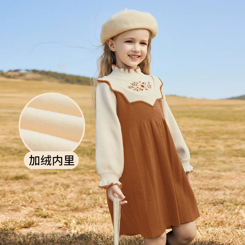 Girls Preppy Knit Sweater Dress - Embroidered Long-Sleeve Midi