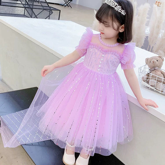 Girls Elsa Princess Dress - Purple Puffy Gala Gown with Crown & Cape Options