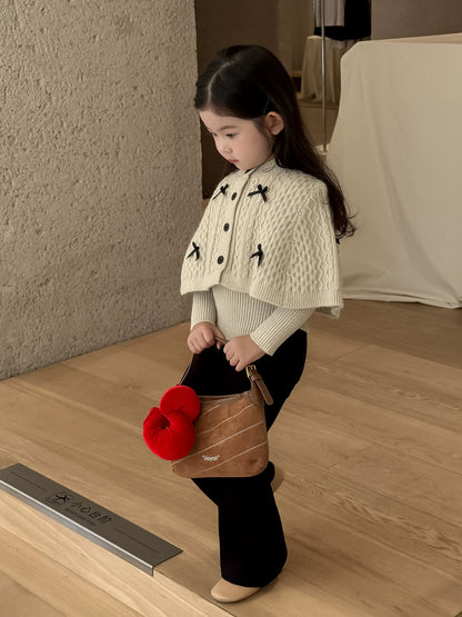 Girls Cape Sweater & Flare Pants Set - Bow-Detail Autumn Two-Piece