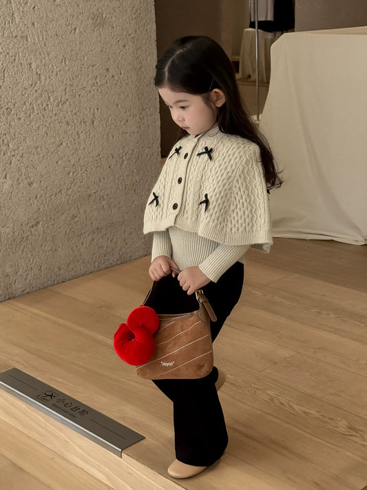 Girls Cape Sweater & Flare Pants Set - Bow-Detail Autumn Two-Piece