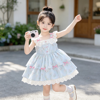 Girls Fresh-Style Lolita Sundress - Bow-Accent Puffy Princess Dress