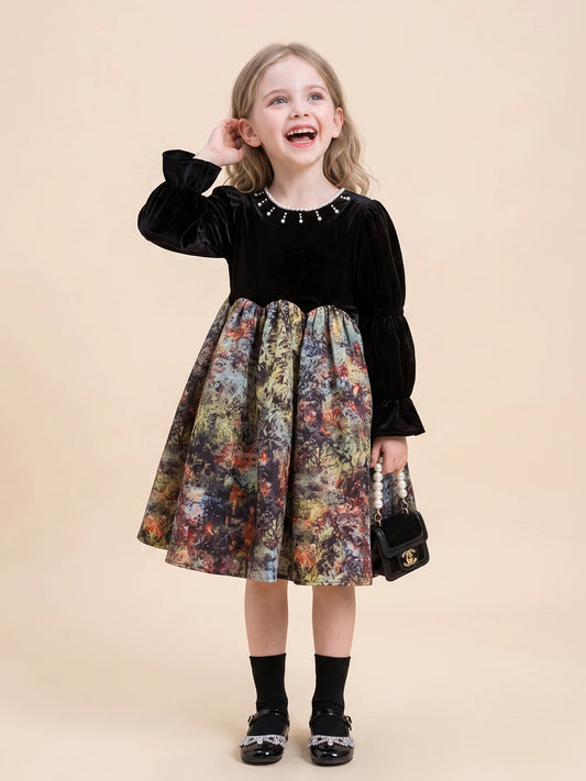 Black velvet Hepburn princess dress for girls, front view