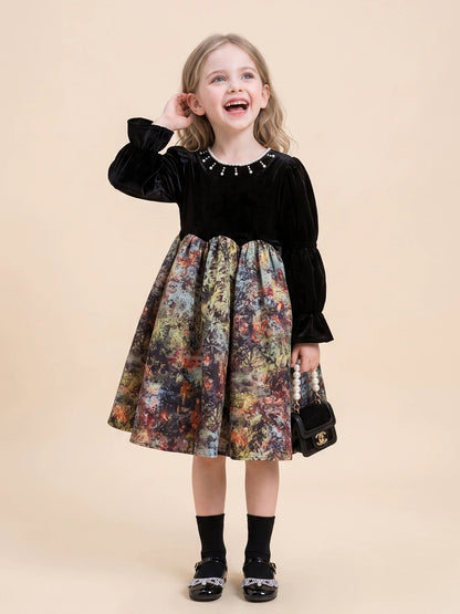 Black velvet Hepburn princess dress for girls, front view
