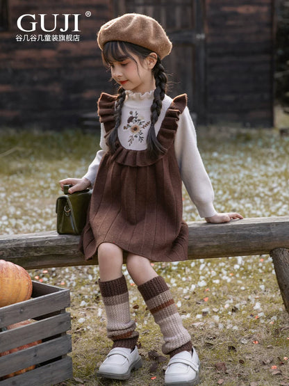 Girls Preppy Knit Sweater Dress - Embroidered Long-Sleeve Midi