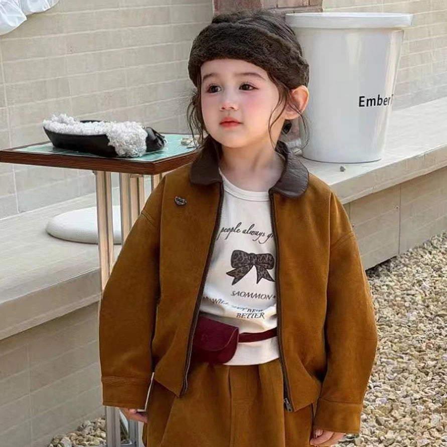 Girls Suede Jacket & Midi Skirt Set - Korean Autumn Two-Piece