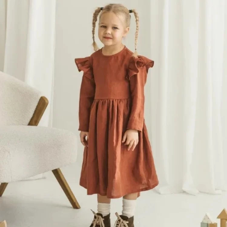 Girls Nordic Linen Dress - Classic Long-Sleeve Autumn