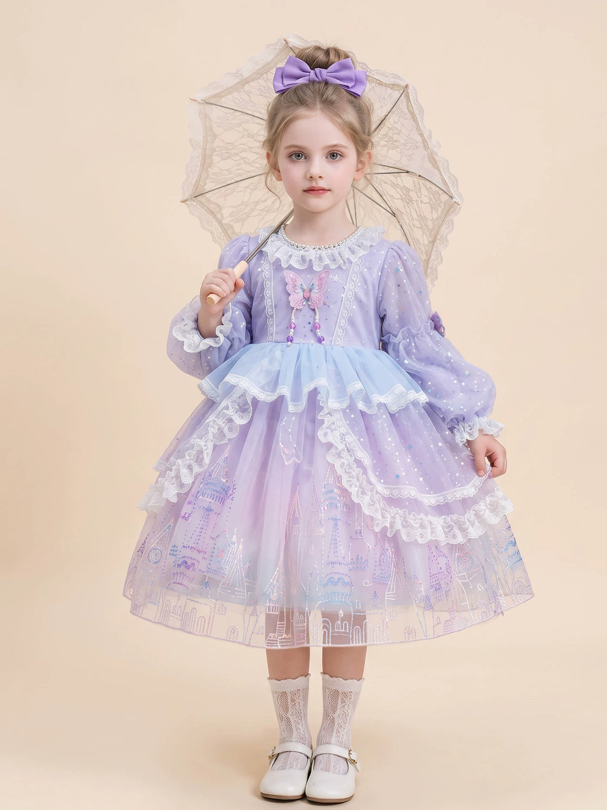 Girls Lolita Flower-Girl Dress - Tulle Princess Gown in Pink Purple