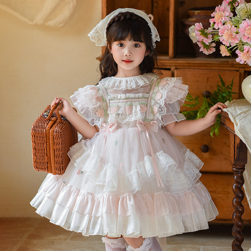 Girls Strawberry Puff Sleeve Birthday Dress - Lolita Twirl Gown
