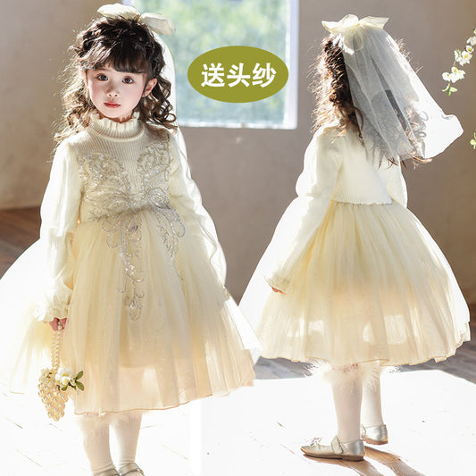 Girls Luxury Flower Girl Dress with Veil - Twirl Gown