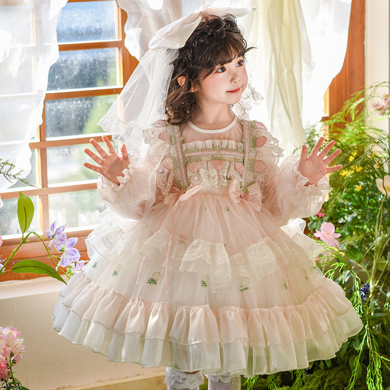 Girls Strawberry Puff Sleeve Birthday Dress - Lolita Twirl Gown