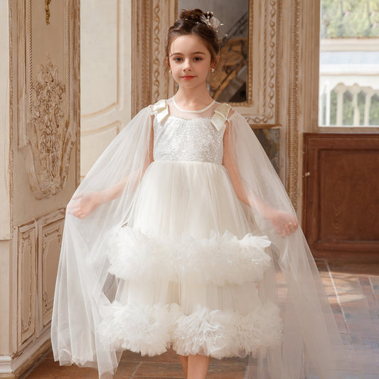 Girls White Veil Birthday Dress - Elegant Party Gown