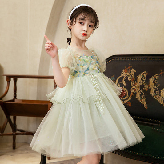 Girls Green Fairy Tulle Dress - Flower Girl Garden Gown