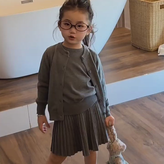 Girls Grey Knit Cardigan & Pleated Skirt Set - Preppy Three-Piece