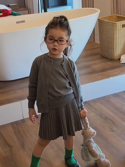Girls Grey Knit Cardigan & Pleated Skirt Set - Preppy Three-Piece
