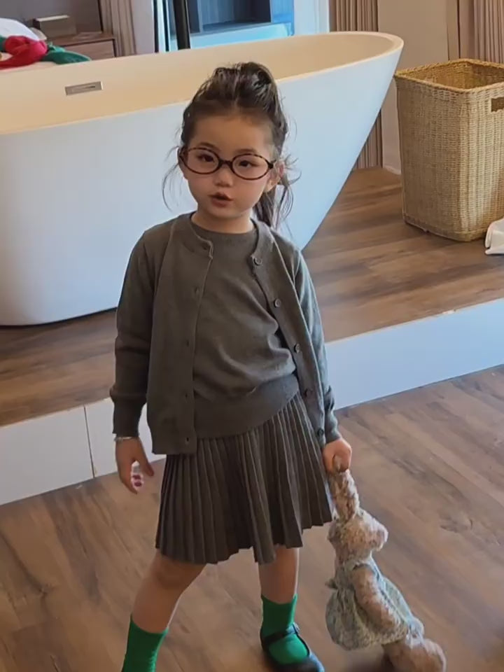 Girls Grey Knit Cardigan & Pleated Skirt Set - Preppy Three-Piece