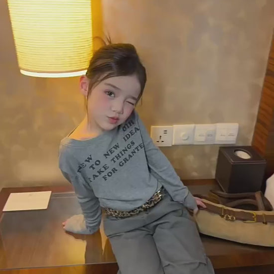 Girls Long-Sleeve Tee & Cargo Flare Pants Set - Korean Autumn Two-Piece