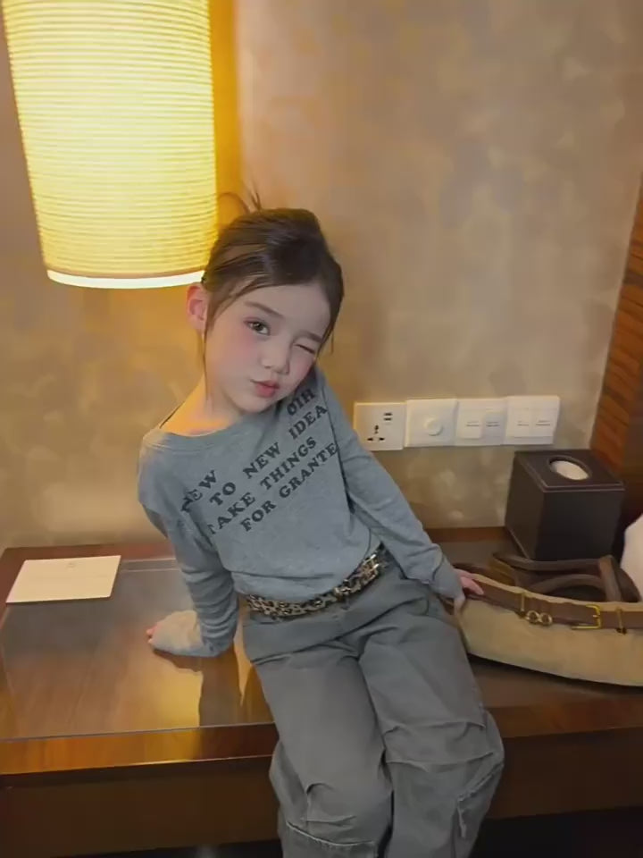 Girls Long-Sleeve Tee & Cargo Flare Pants Set - Korean Autumn Two-Piece