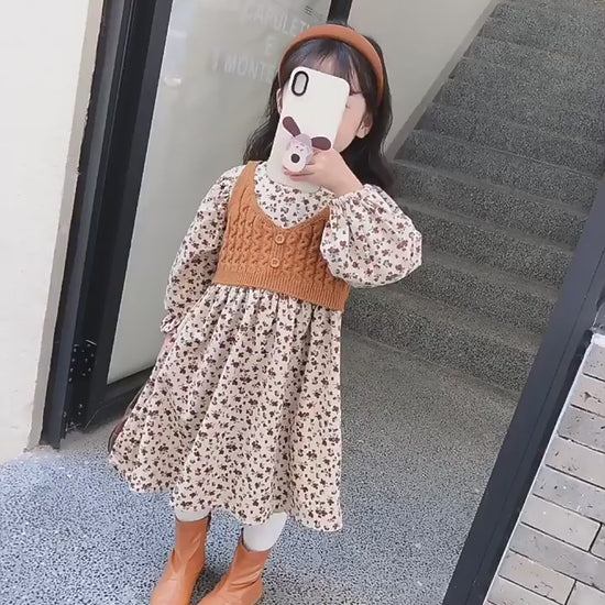 Girls Floral Dress and Knit Vest Set - Corduroy Two-Piece Autumn