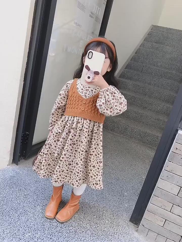 Girls Floral Dress and Knit Vest Set - Corduroy Two-Piece Autumn