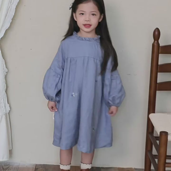 Girls Pure Linen Embroidered Dress - Puff Sleeve