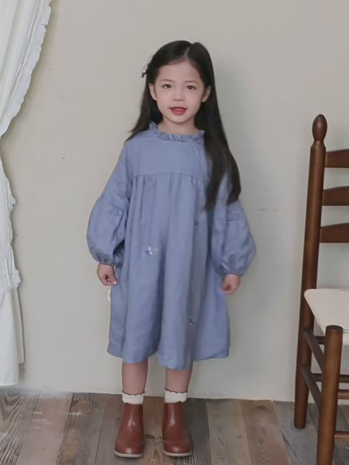 Girls Pure Linen Embroidered Dress - Puff Sleeve