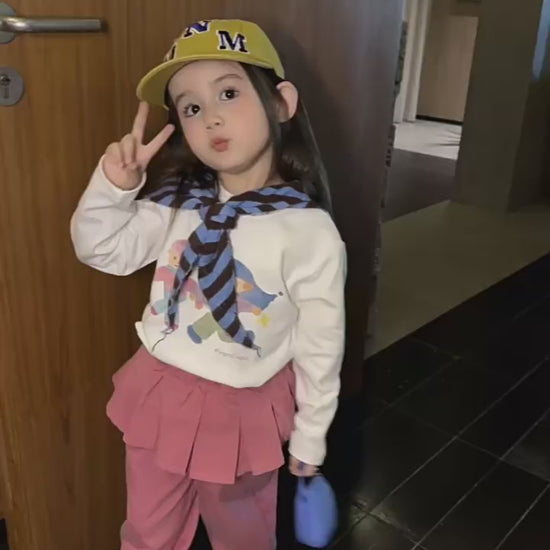 Girls Cartoon Print Tee & Skirt-Panel Pants Set - Korean Autumn Two-Piece